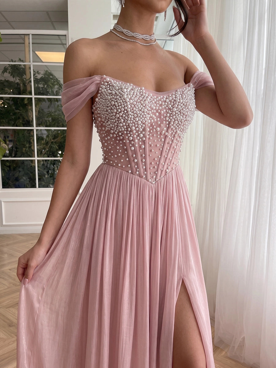 A-Line/Princess Off-the-Shoulder Crinkle Chiffon Formal Dresses with Split Side Beading Floor-Length Sleeveless Evening Dresses