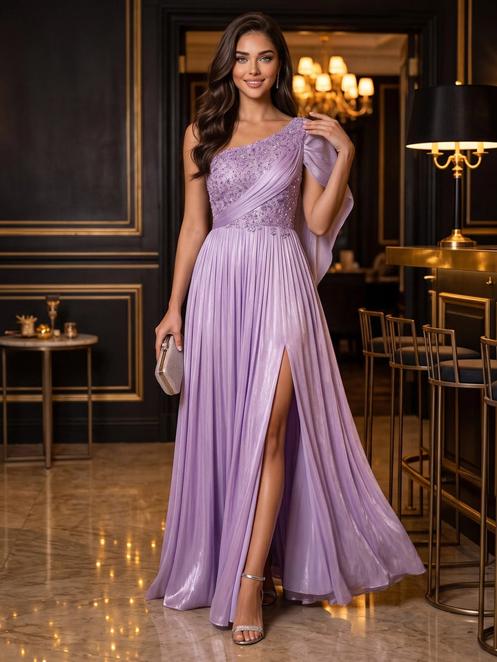 A-Line/Princess One-Shoulder Crinkle Chiffon Evening Dresses with Split Side Beading Floor-Length Sleeveless Formal Dresses
