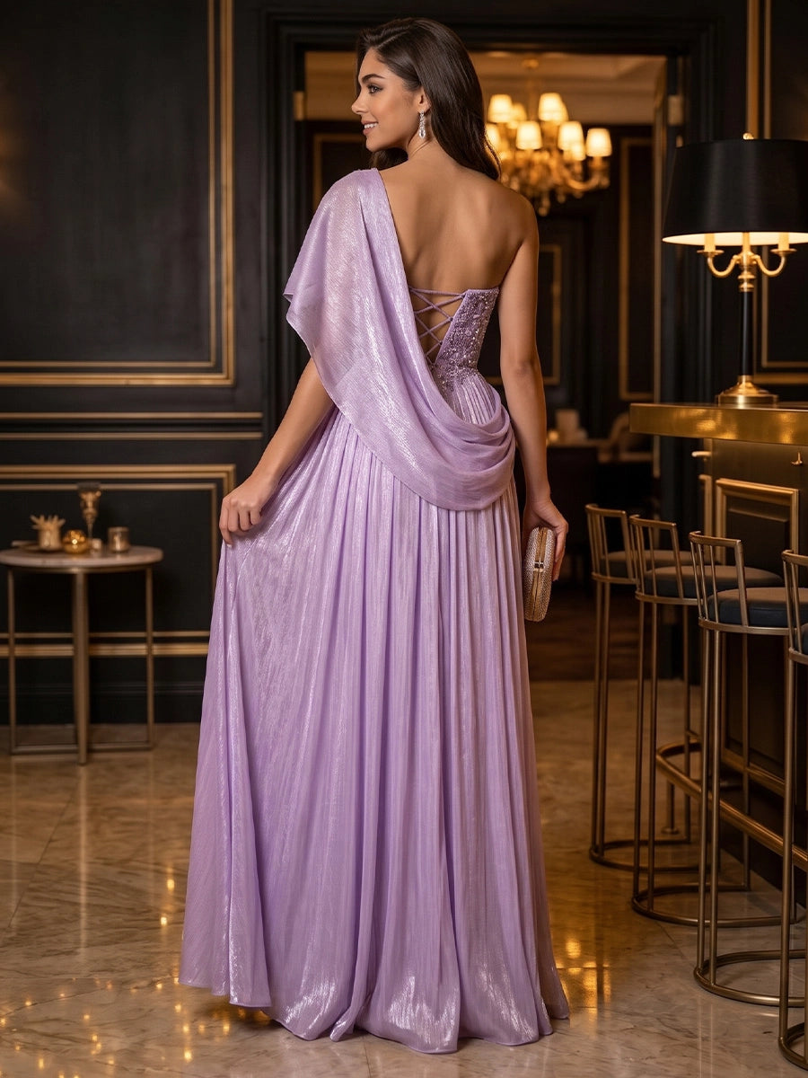 A-Line/Princess One-Shoulder Crinkle Chiffon Evening Dresses with Split Side Beading Floor-Length Sleeveless Formal Dresses