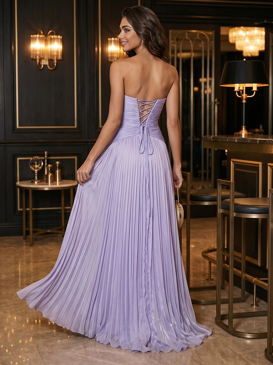 A-Line/Princess Strapless Crinkle Chiffon Evening Dresses with Split Side Floor-Length Pleated Sleeveless Formal Dresses