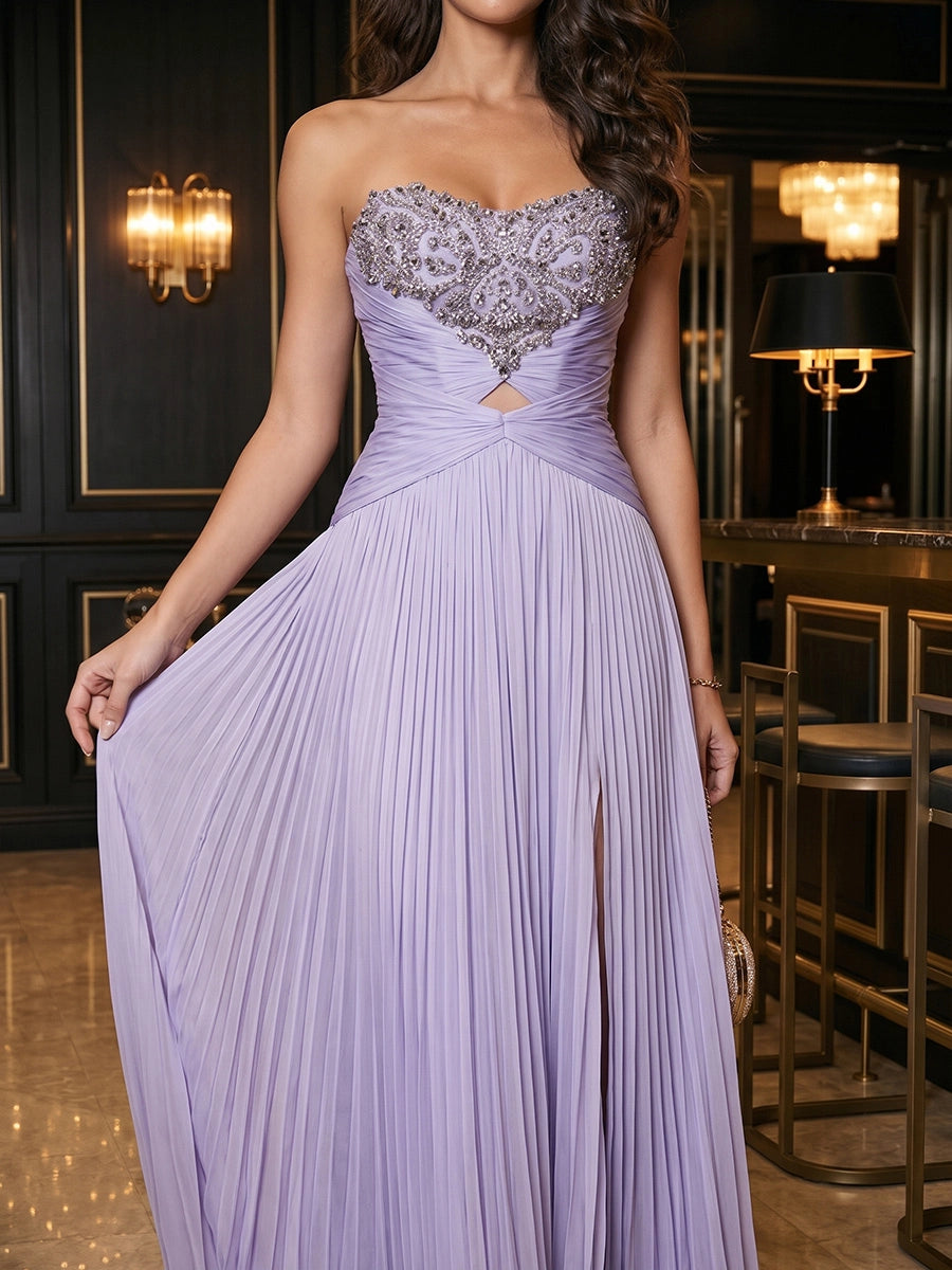 A-Line/Princess Strapless Crinkle Chiffon Evening Dresses with Split Side Floor-Length Pleated Sleeveless Formal Dresses