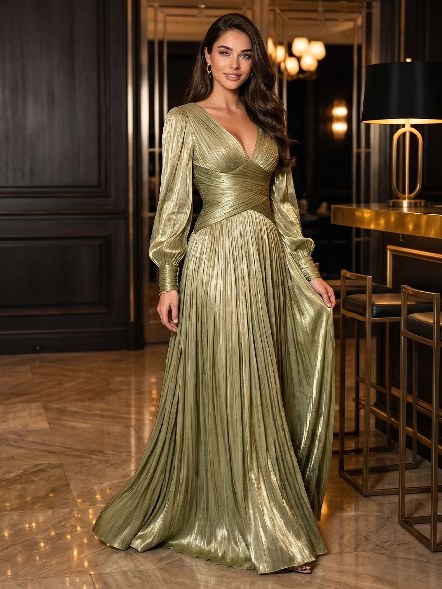 A-Line/Princess V-Neck Evening Dresses Crinkle Chiffon Ruched Floor-Length Long Sleeves Formal Dresses