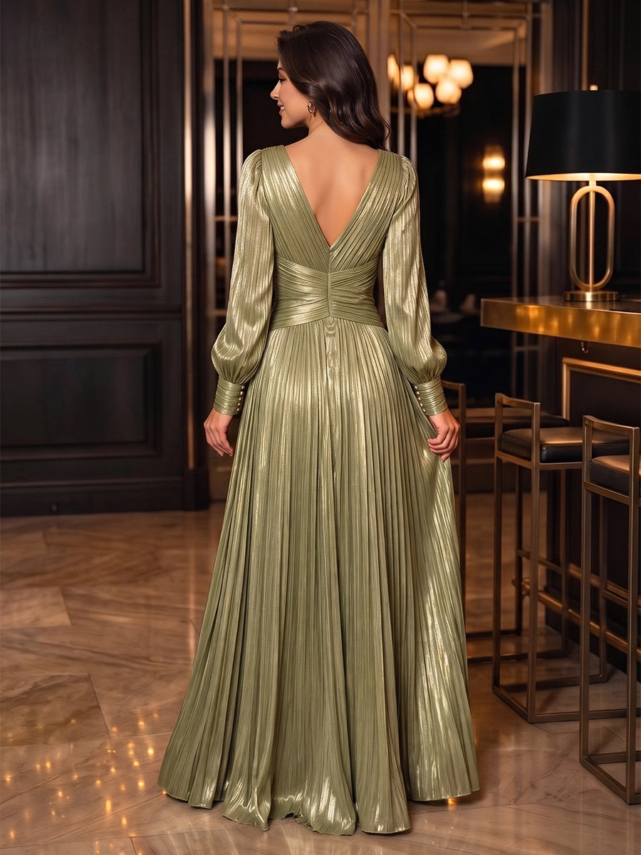 A-Line/Princess V-Neck Evening Dresses Crinkle Chiffon Ruched Floor-Length Long Sleeves Formal Dresses