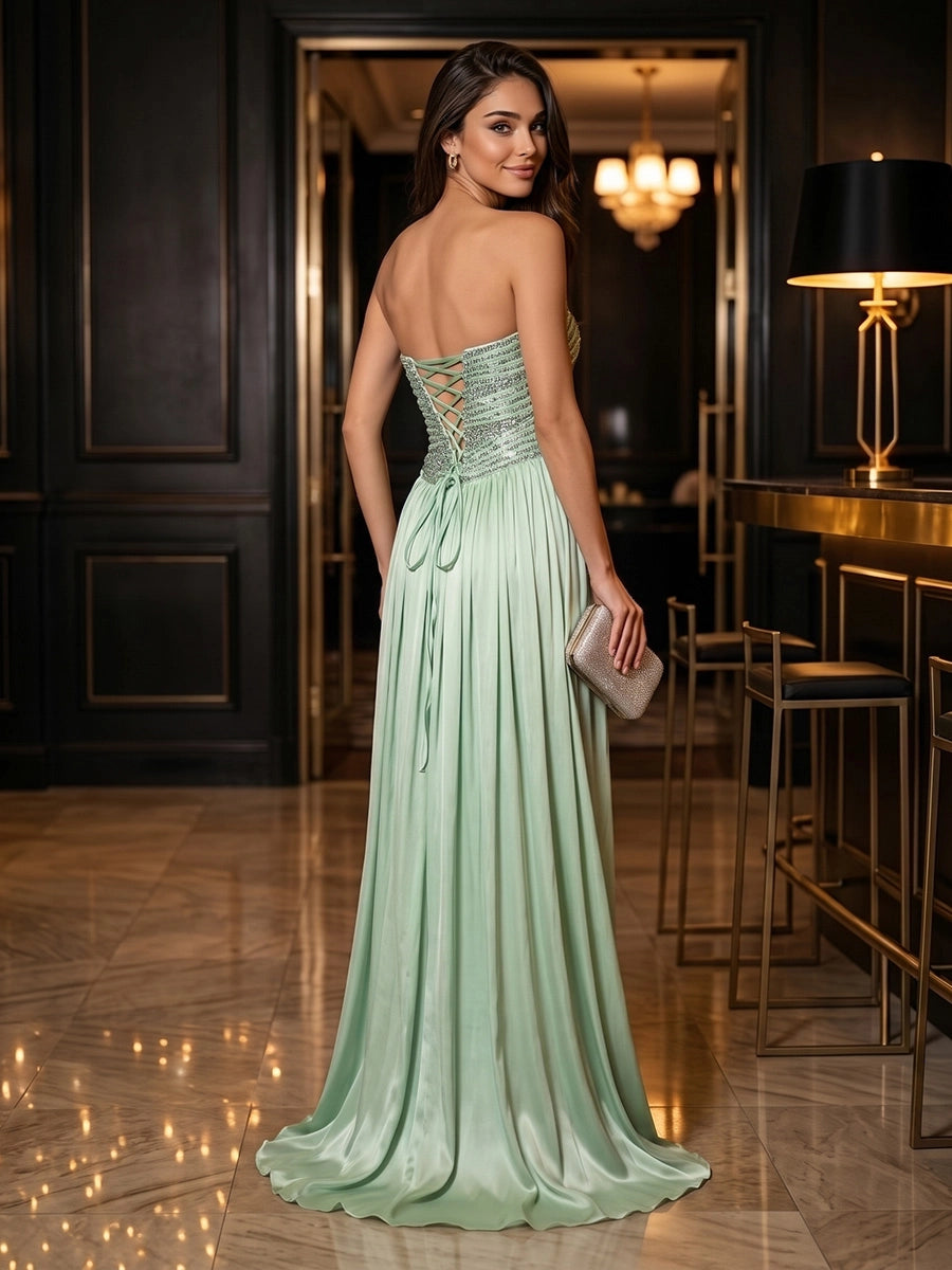 A-Line/Princess Strapless Crinkle Chiffon Evening Dresses with Split Side Floor-Length Beading Sleeveless Formal Dresses