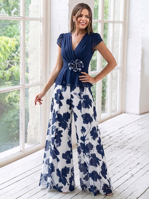 A-Line/Princess V-Neck Short Sleeves Floor-Length Mother of the Bride Floral Jump Suit