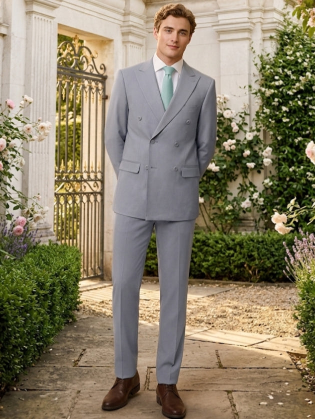 Men's 2-Piece Suit Jacket, Light Blue, Double-Breasted, Blended Wool Material