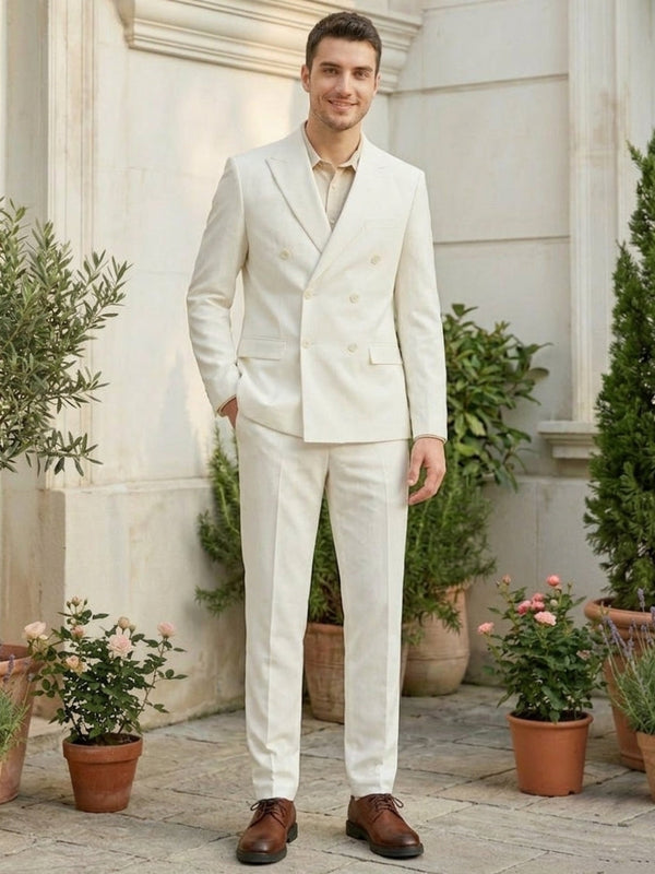 2 Pieces Men's Suits Solid Colored White Double-Breasted Six-buttons Wedding Suits
