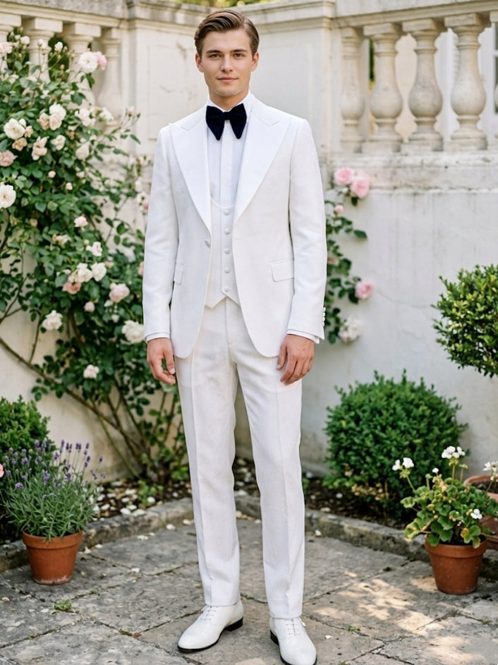 3 Pieces Men's Suits Tailored Fit Solid Colored Single-Breasted One-button White Wedding Suits