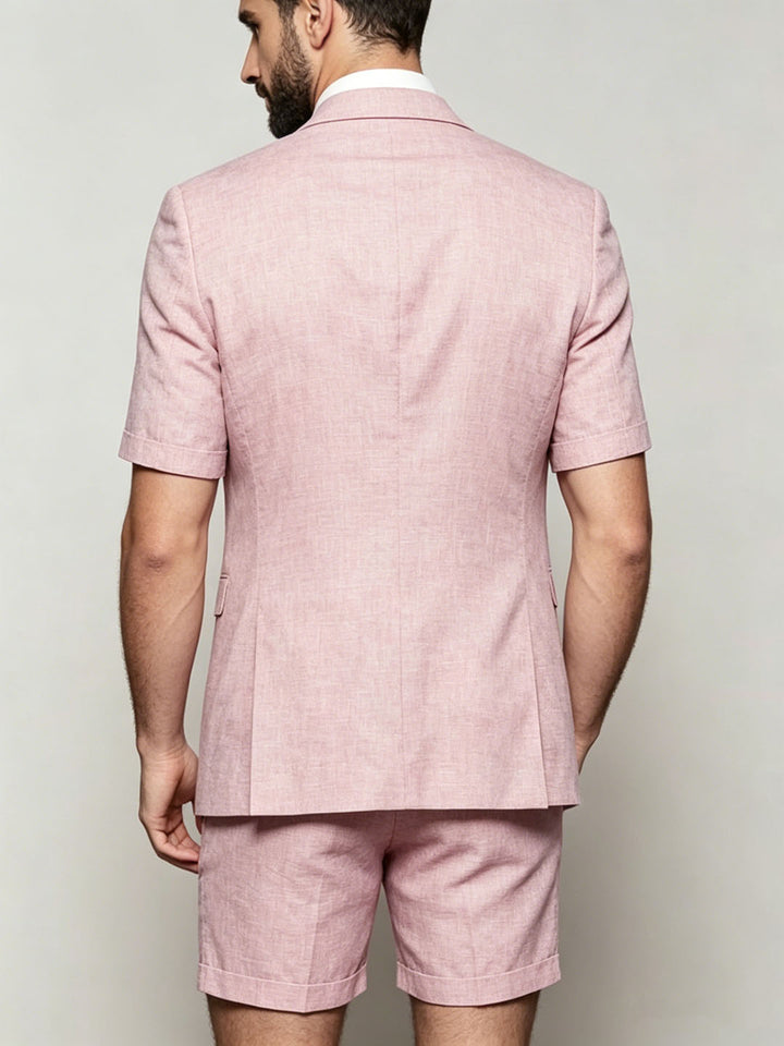 Men's Pink Linen Lapel Neck Short Sleeve 2-Piece Set