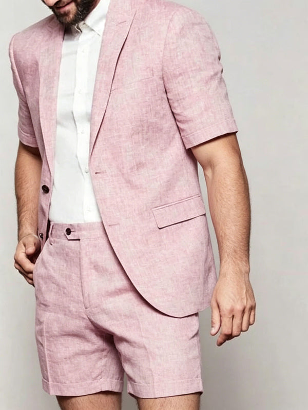 Men's Pink Linen Lapel Neck Short Sleeve 2-Piece Set