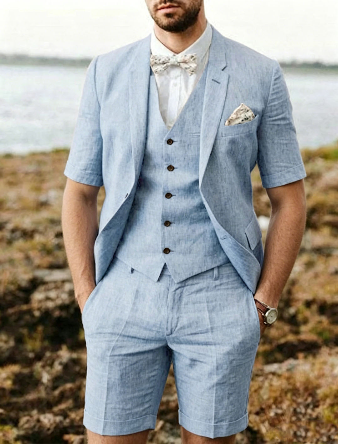 Men's Sky Blue Linen Lapel Neck Short Sleeve 3-Piece Set