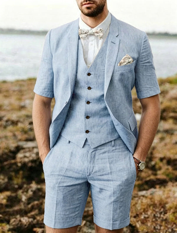 Men's Sky Blue Linen Lapel Neck Short Sleeve 3-Piece Set