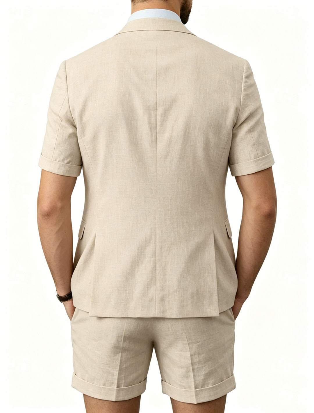 Men's Champagne Linen Lapel Neck Short Sleeve 3-Piece Set