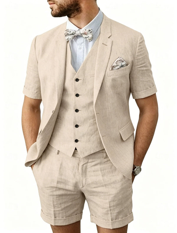 Men's Champagne Linen Lapel Neck Short Sleeve 3-Piece Set