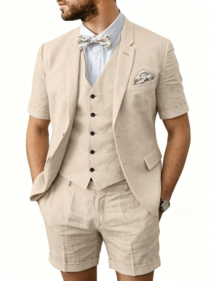 Men's Champagne Linen Lapel Neck Short Sleeve 3-Piece Set