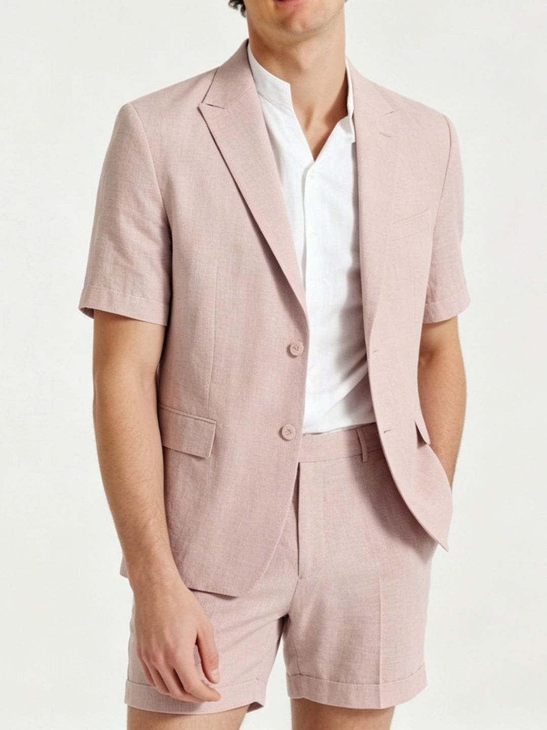 Men's Single Breasted Two-Buttons 2 Pieces Solid Colored Linen Suits Short Sleeves