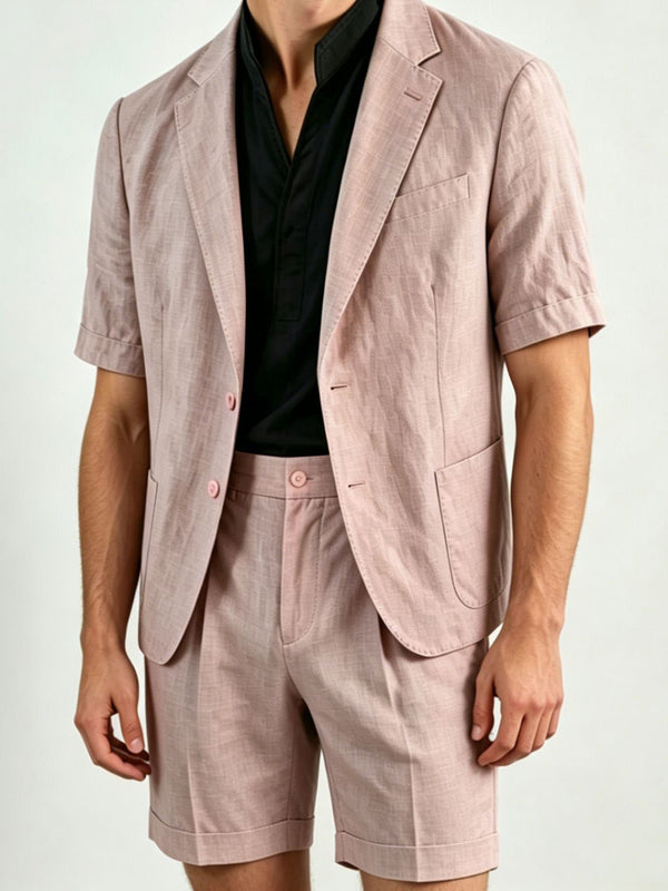 Men's Single Breasted Two-Buttons 2 Pieces Solid Colored Linen Suits Short Sleeves