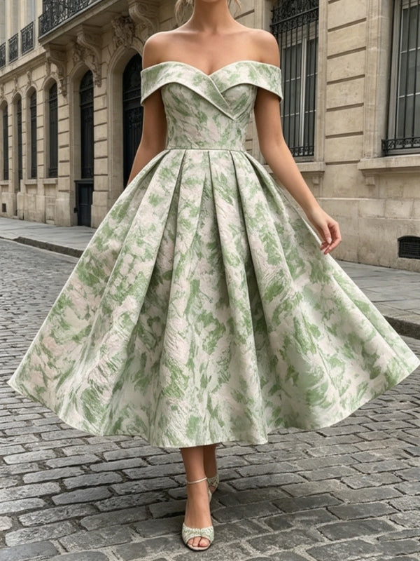 A-Line/Princess Off-the-Shoulder Jacquard Cocktail Dresses Tea-Length Sleeveless Party Dresses