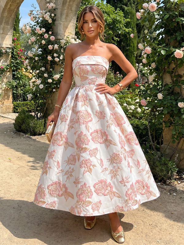 A-Line/Princess Strapless Jacquard Cocktail Dresses Ankle-Length Sleeveless Floral Party Dresses