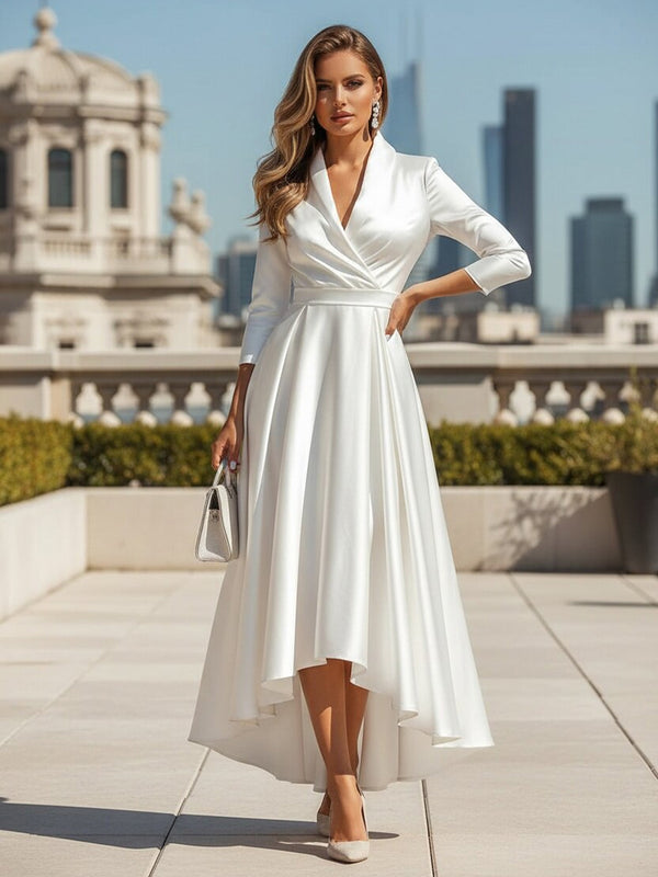 A-Line/Princess Cocktail Dresses V Neck Stand Collar Little White Dresses High-Low Ankle-Length 3/4 Sleeves Asymmetrical