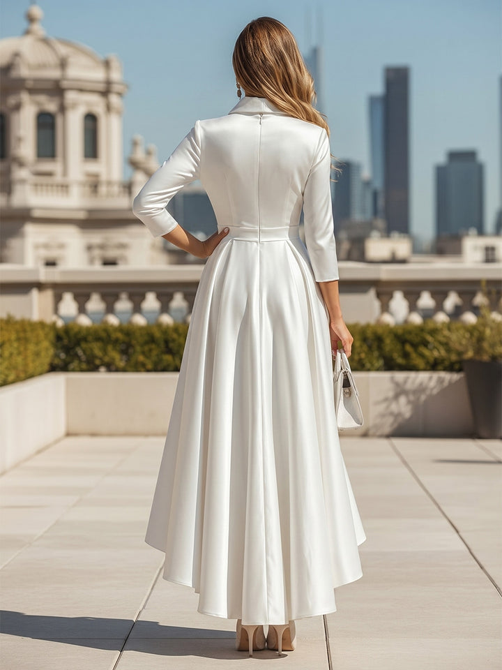A-Line/Princess Cocktail Dresses V Neck Stand Collar Little White Dresses High-Low Ankle-Length 3/4 Sleeves Asymmetrical