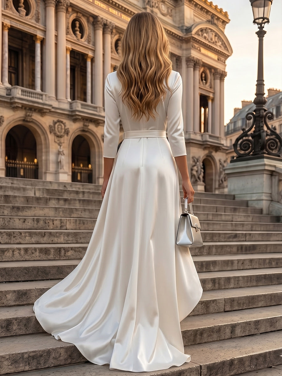 A-Line/Princess Cocktail Dresses V Neck Stand Collar Little White Dresses High-Low Floor-Length 3/4 Sleeves Belt