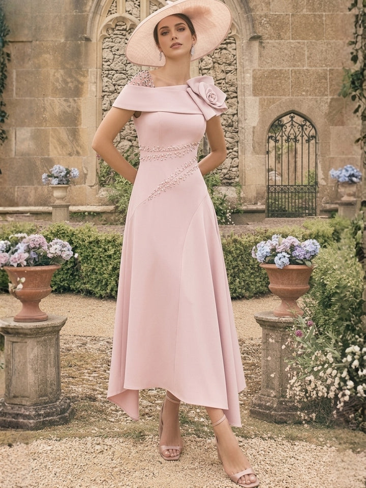 A-Line/Princess One-Shoulder Stretch Satin Mother of the Bride Dresses With 3D Flower Asymmetrical Ankle-Length