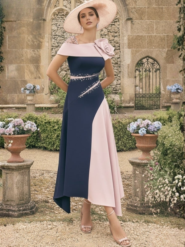 A-Line/Princess One-Shoulder Stretch Satin Mother of the Bride Dresses With 3D Flower Asymmetrical Ankle-Length
