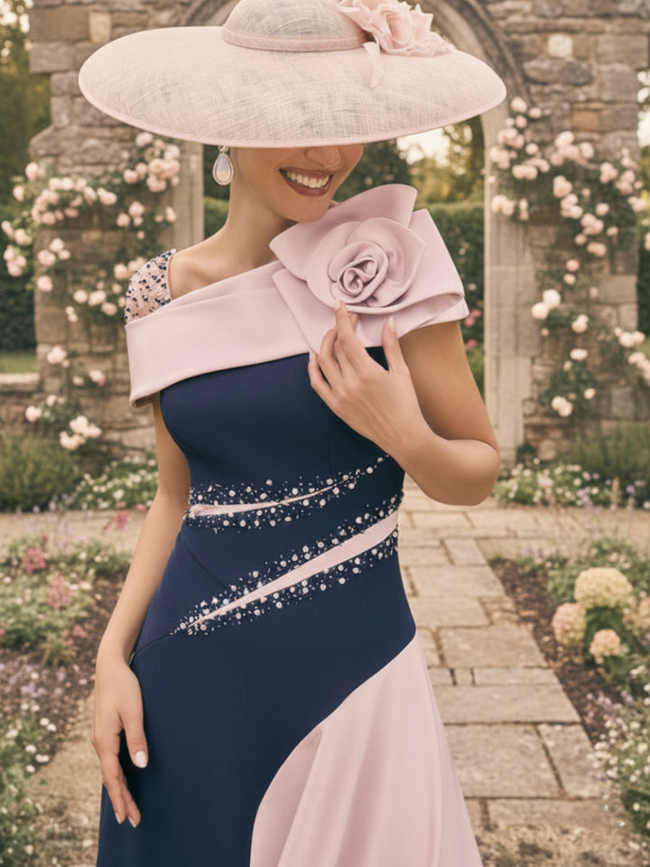 A-Line/Princess One-Shoulder Stretch Satin Mother of the Bride Dresses With 3D Flower Asymmetrical Ankle-Length