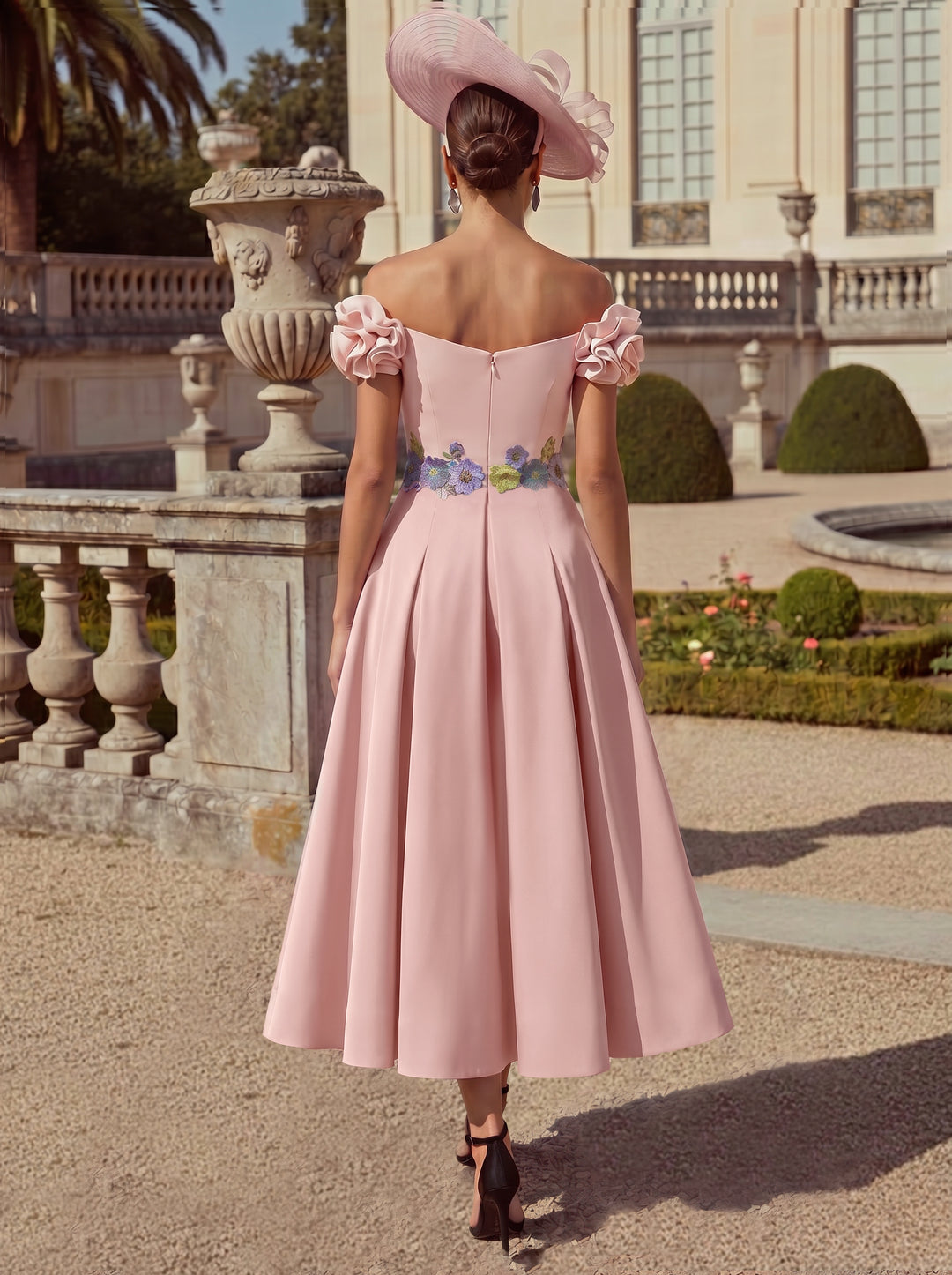 Sheath/Column Off-the-Shoulder Mother of the Bride Dresses Stretch Satin Tea-Length Floral Sleeveless with 3D Flower