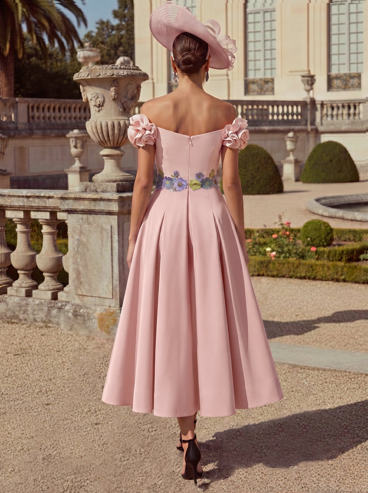 Sheath/Column Off-the-Shoulder Mother of the Bride Dresses Stretch Satin Tea-Length Floral Sleeveless with 3D Flower