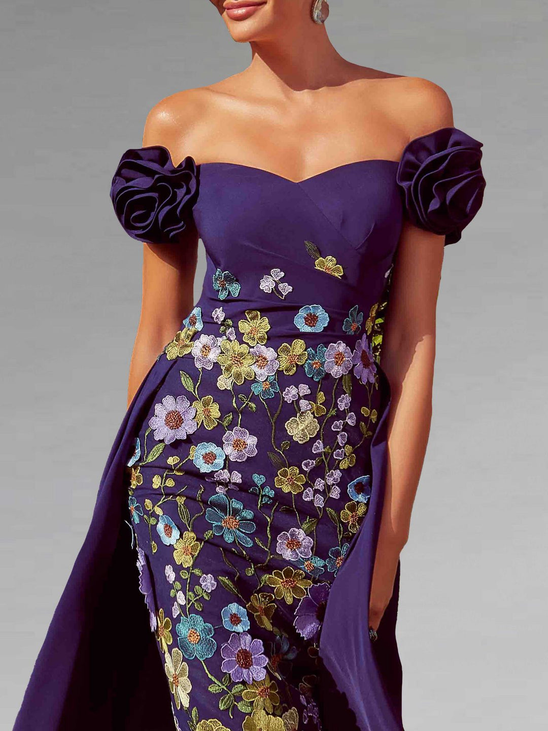 Sheath/Column Off-the-Shoulder Mother of the Bride Dresses Stretch Satin Tea-Length Floral Sleeveless with 3D Flower