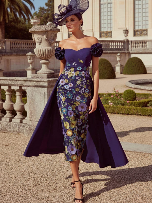 Sheath/Column Off-the-Shoulder Mother of the Bride Dresses Stretch Satin Tea-Length Floral Sleeveless with 3D Flower