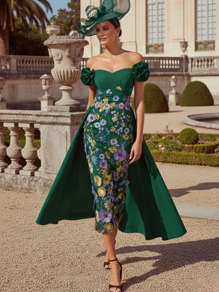 Sheath/Column Off-the-Shoulder Mother of the Bride Dresses Stretch Satin Tea-Length Floral Sleeveless with 3D Flower
