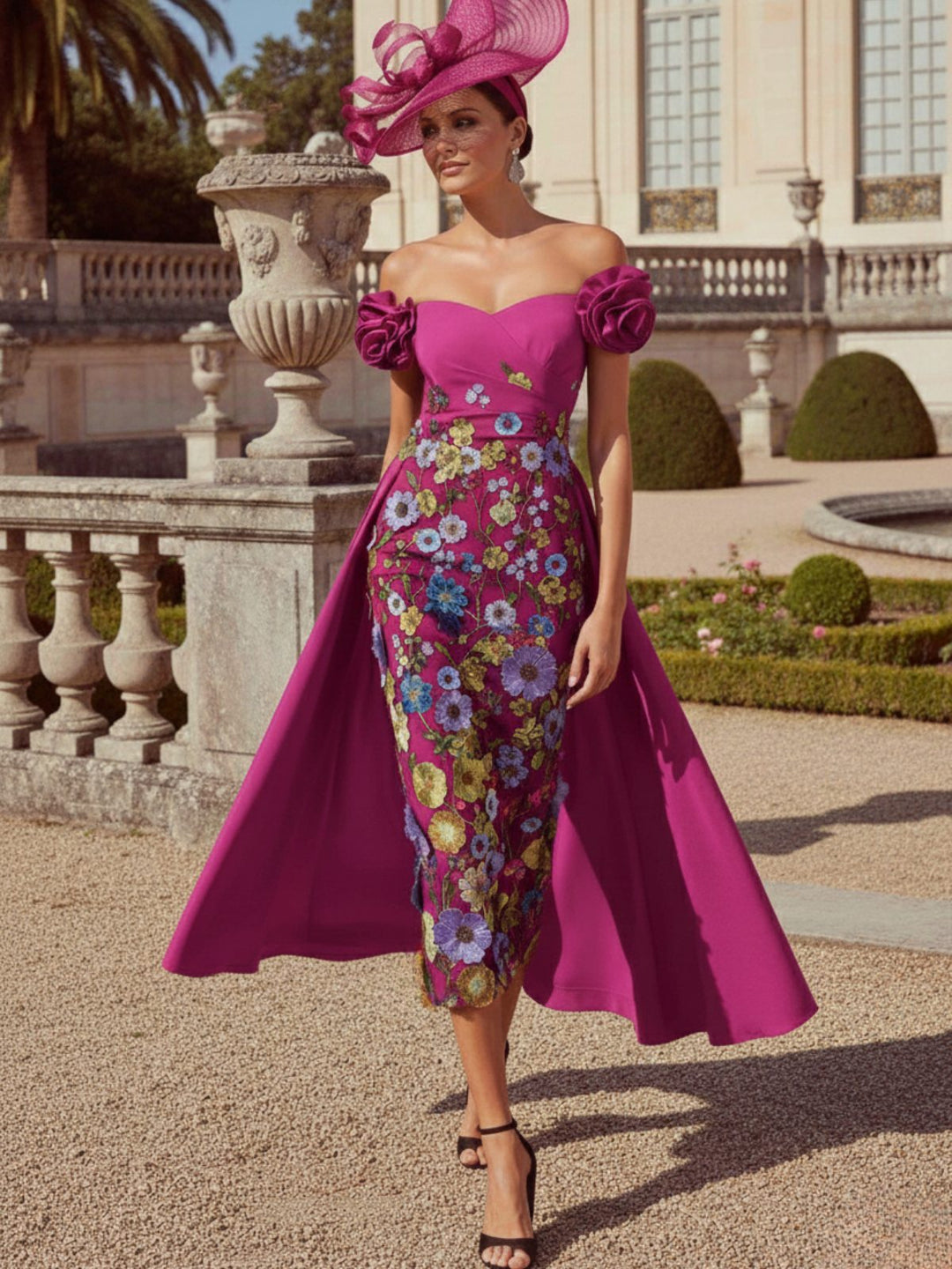 Sheath/Column Off-the-Shoulder Mother of the Bride Dresses Stretch Satin Tea-Length Floral Sleeveless with 3D Flower