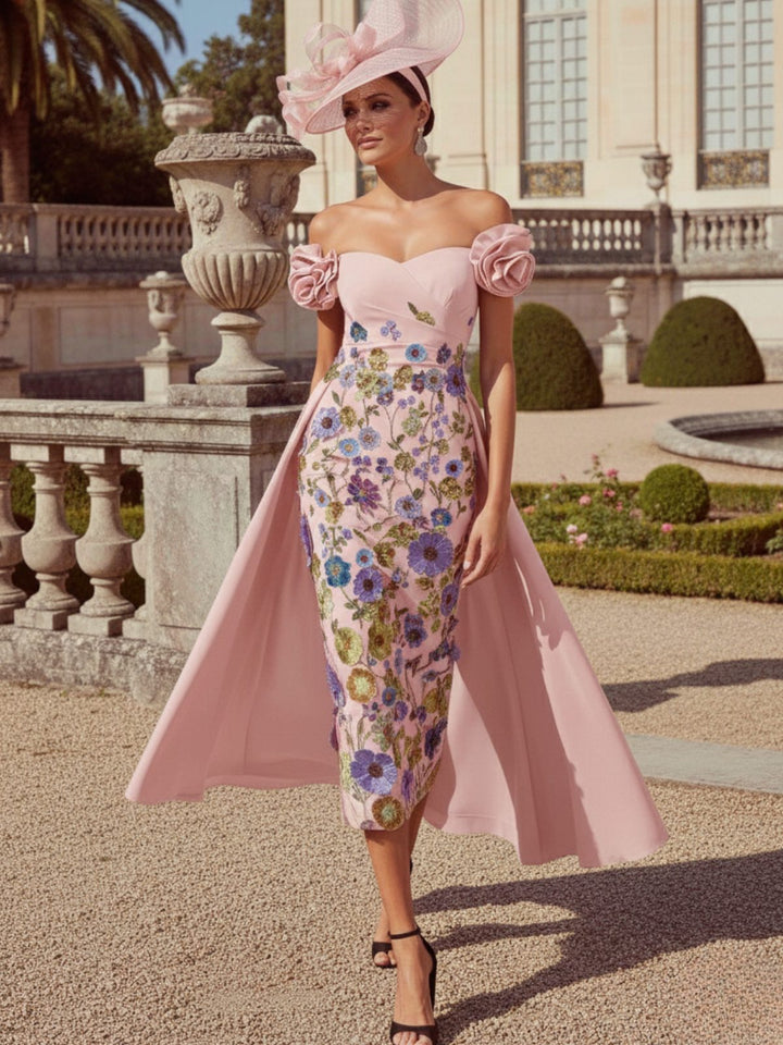 Sheath/Column Off-the-Shoulder Mother of the Bride Dresses Stretch Satin Tea-Length Floral Sleeveless with 3D Flower