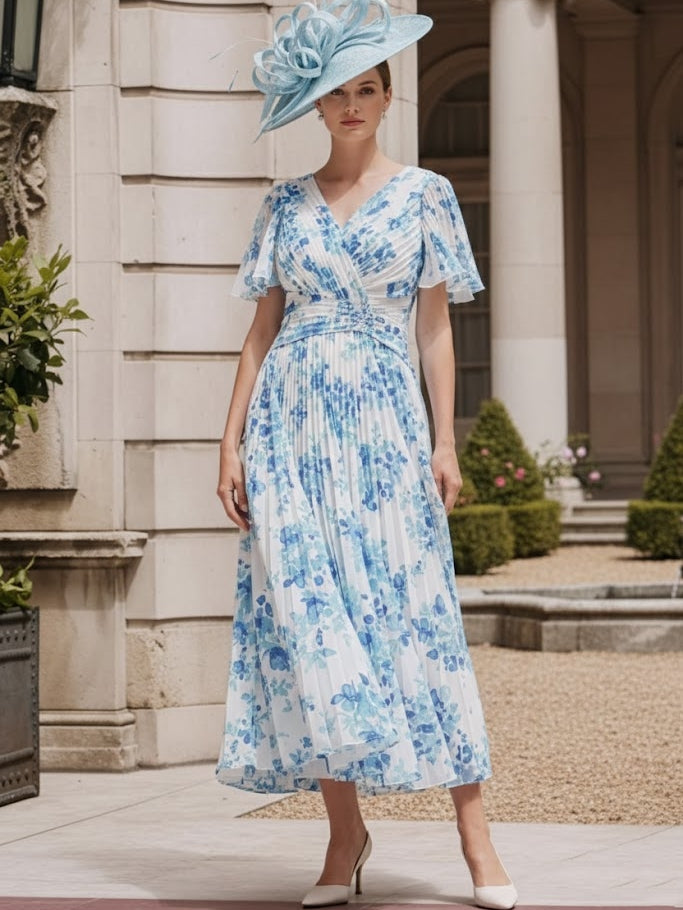A-Line/Princess V-Neck Chiffon Mother of the Bride Dresses Floral Tea-Length Short Sleeves Pleated