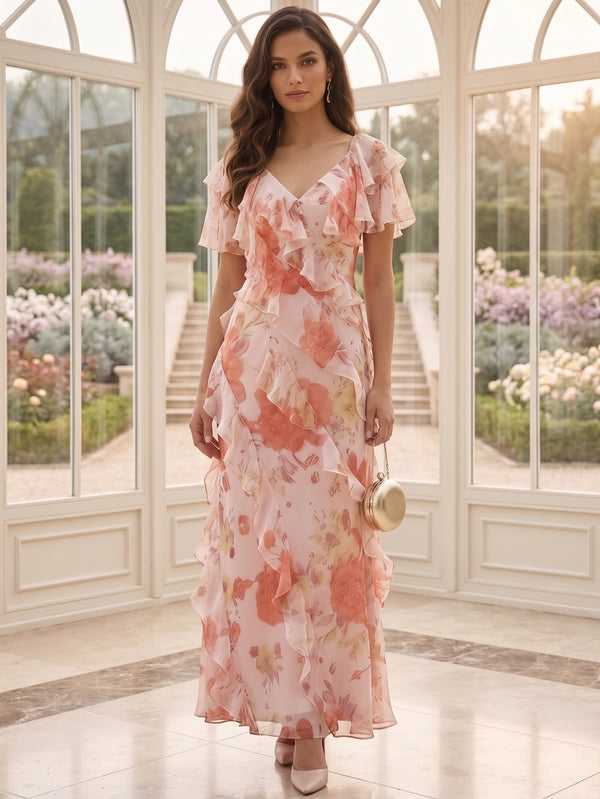 A-Line/Princess V-Neck Chiffon Mother of the Bride Dresses Floral Ankle-Length Ruffles Short Sleeves