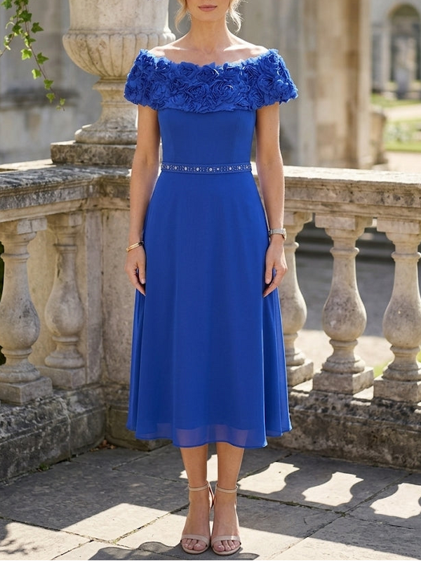 A-Line/Princess Off-the-Shoulder Chiffon Mother of the Bride Dresses Sleeveless Tea-Length 3D Flowers