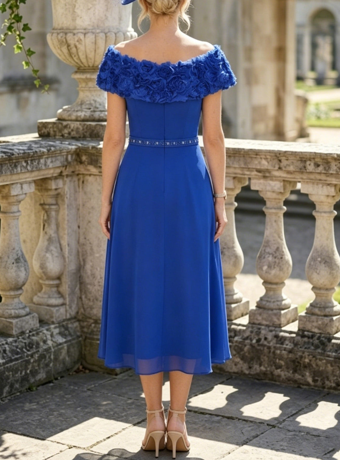 A-Line/Princess Off-the-Shoulder Chiffon Mother of the Bride Dresses Sleeveless Tea-Length 3D Flowers
