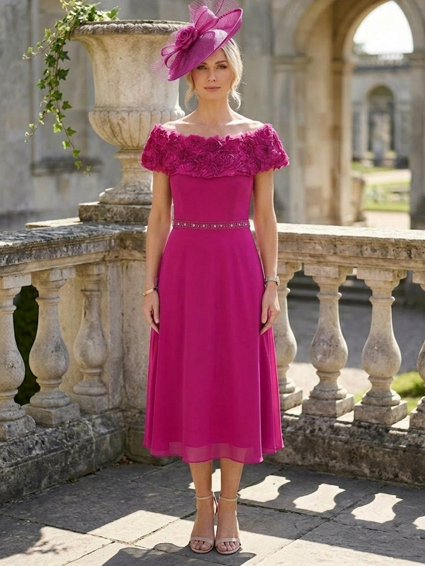 A-Line/Princess Off-the-Shoulder Chiffon Mother of the Bride Dresses Sleeveless Tea-Length 3D Flowers