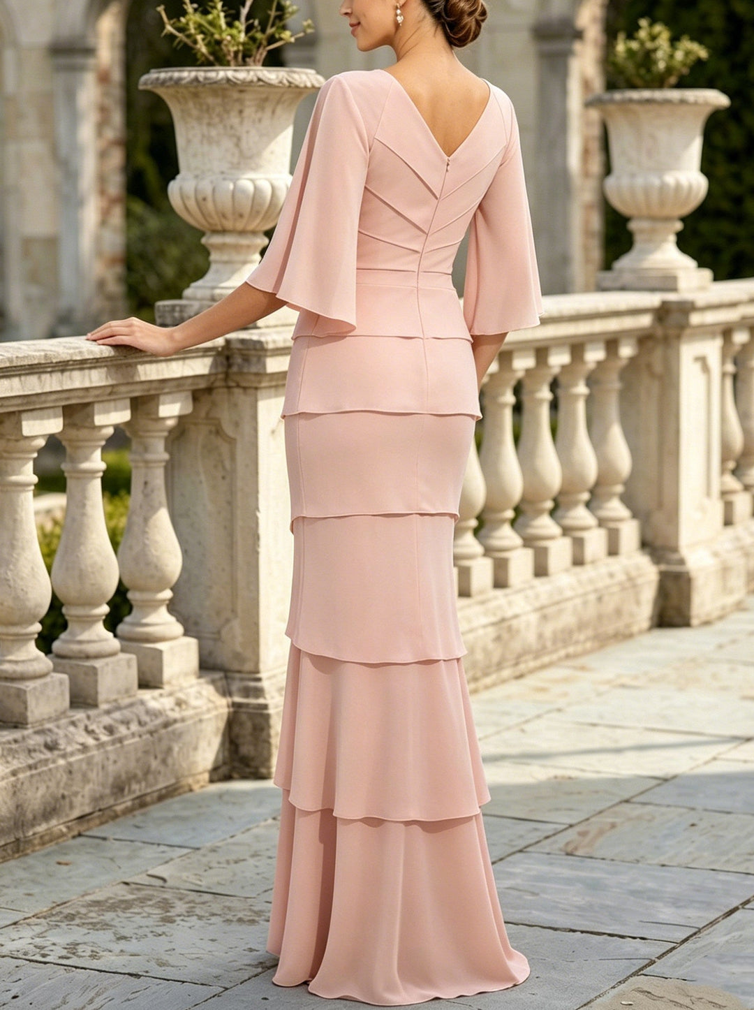 Trumpet/Mermaid V-Neck Chiffon Mother of the Bride Dresses Floor-Length 3/4 Sleeves Ruffles