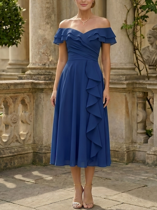A-Line/Princess Off-the-Shoulder Chiffon Mother of the Bride Dresses Sleeveless Tea-Length Ruffles