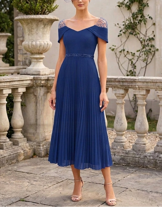 A-Line/Princess Square Neck Chiffon Mother of the Bride Dresses Sleeveless Tea-Length Ruffles Sequins