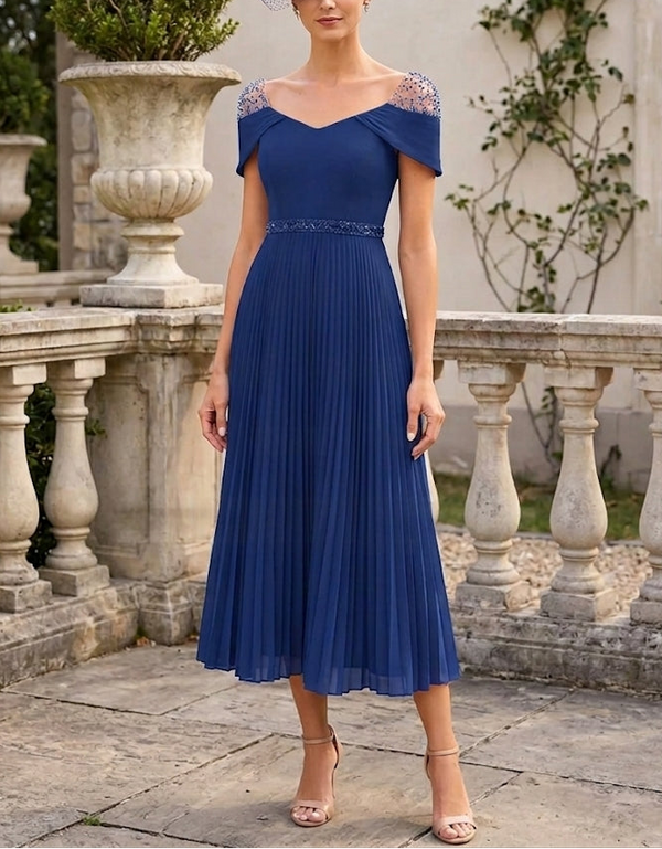 A-Line/Princess Square Neck Chiffon Mother of the Bride Dresses Sleeveless Tea-Length Ruffles Sequins