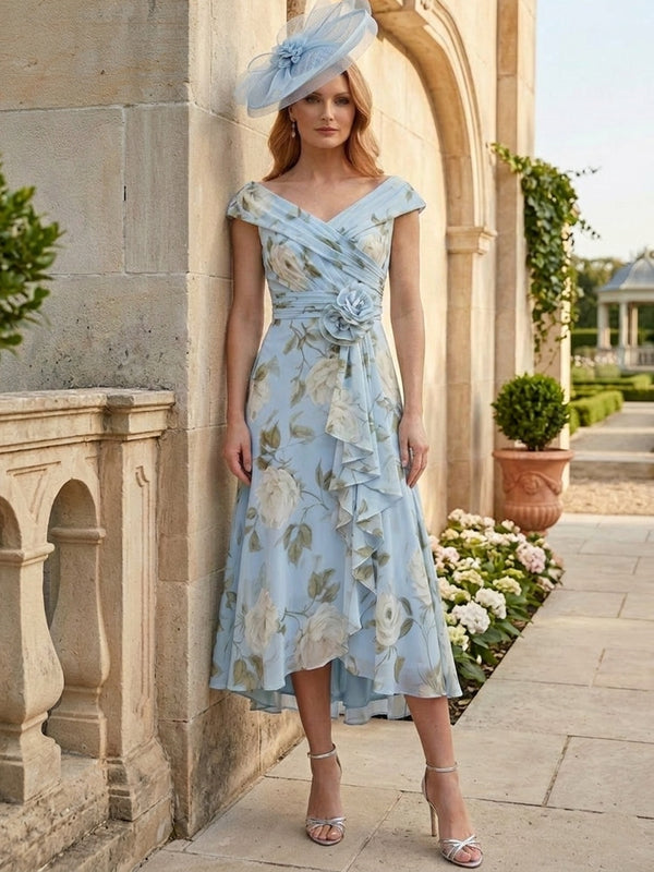 A-Line/Princess V-Neck Chiffon Floral Mother of the Bride Dresses Sleeveless Tea-Length Ruffles