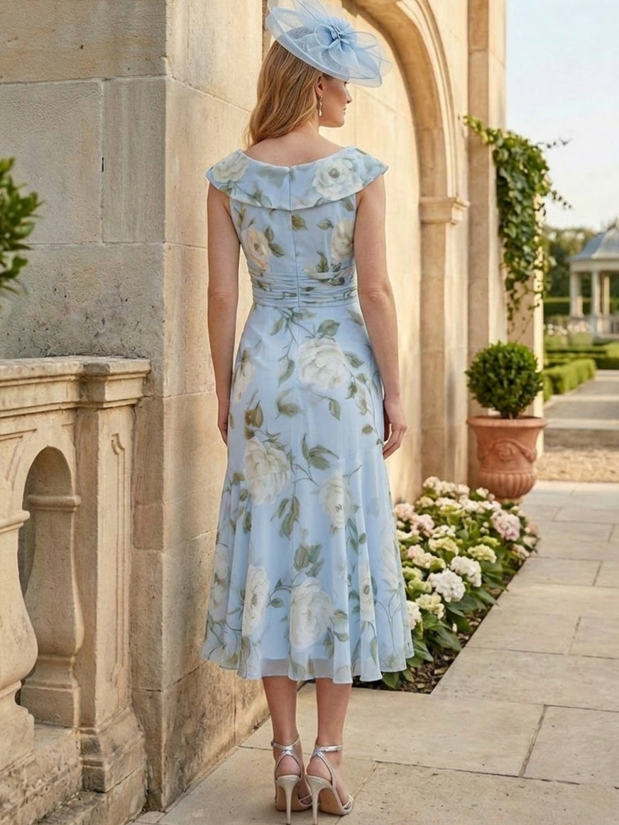 A-Line/Princess V-Neck Chiffon Floral Mother of the Bride Dresses Sleeveless Tea-Length Ruffles