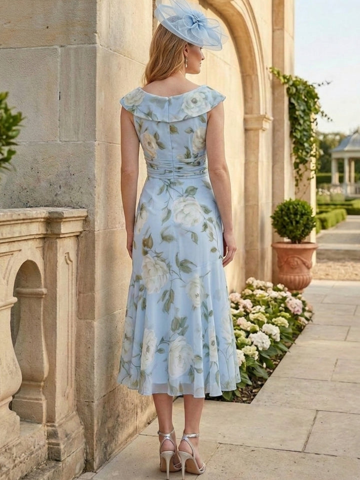 A-Line/Princess V-Neck Chiffon Floral Mother of the Bride Dresses Sleeveless Tea-Length Ruffles