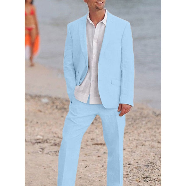 Men's Tailored Fit Single Breasted Two-buttons 2 Pieces Solid Colored Linen Suits