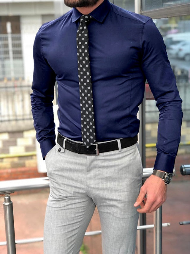 mens polyester dress shirts Men's Standard Fit Long Sleeve Lapel Polyester Shirt White